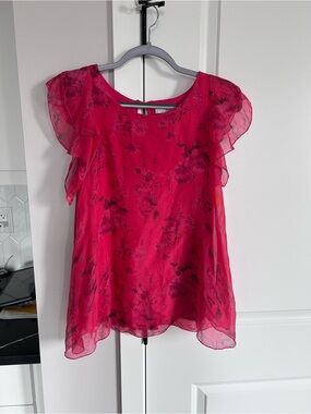Keysha Silk Floral Print Blouse Pink Lightweight Flutter Sleeve Boho Summer Top